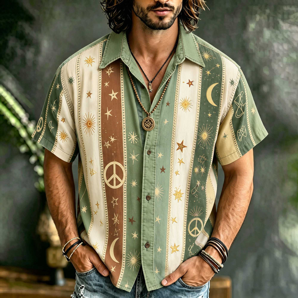 Vintage Hippie Stripe Patchwork Linen Shirt, 3d Embroidery Star & Crescent Casual Summer Short Sleeve Top