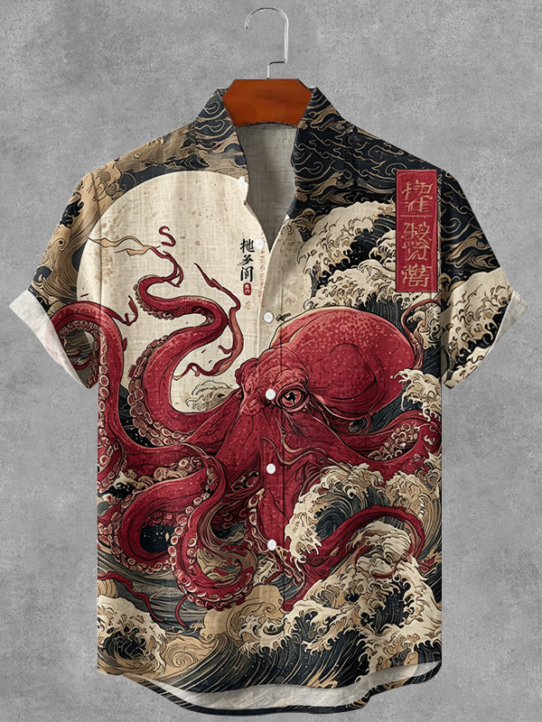 Vintage Japanese Octopus Ukiyo-e Art Print Casual Linen Shirt