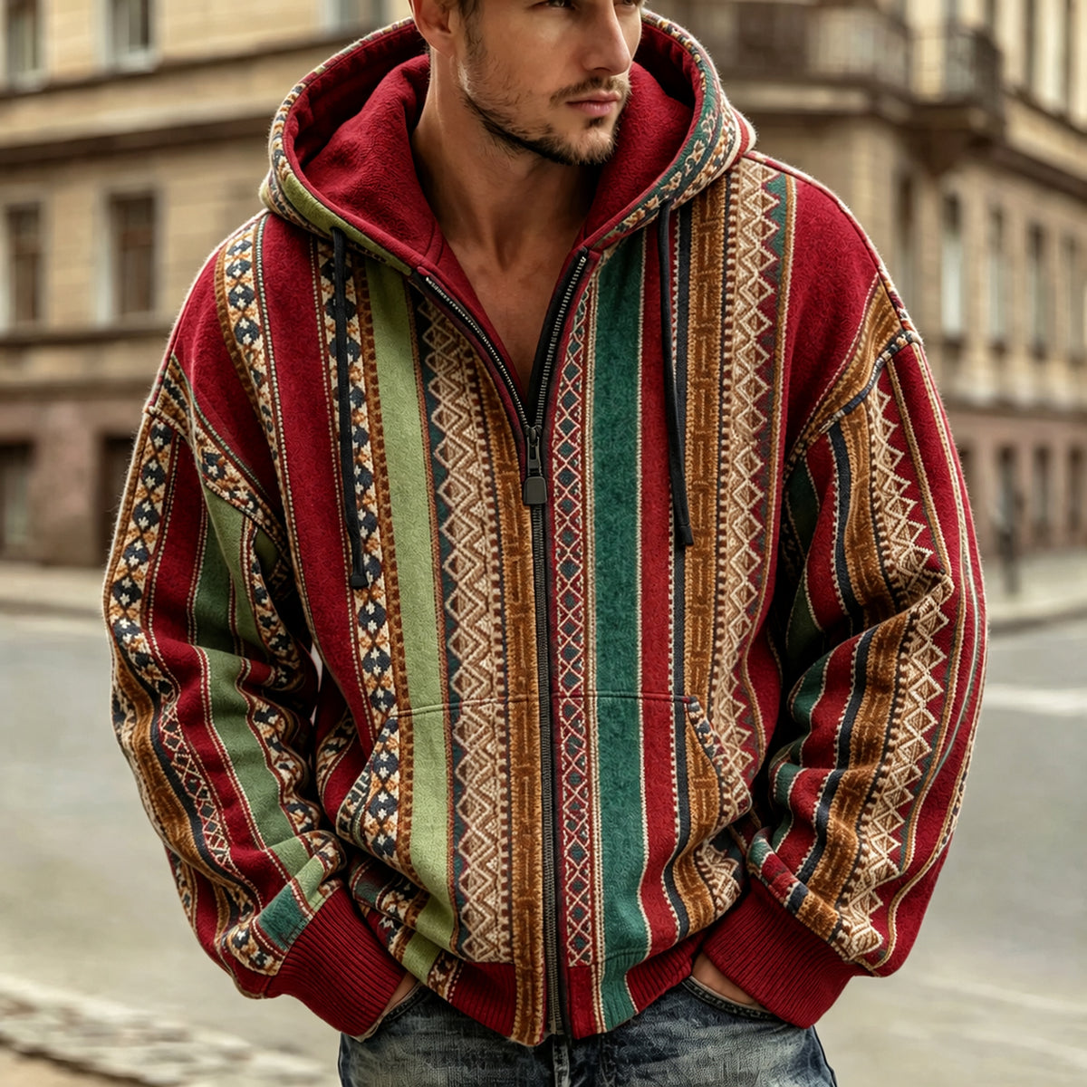 Men's Retro Geometric Ethnic Pattern Casual Warm Zip-up Hoodie