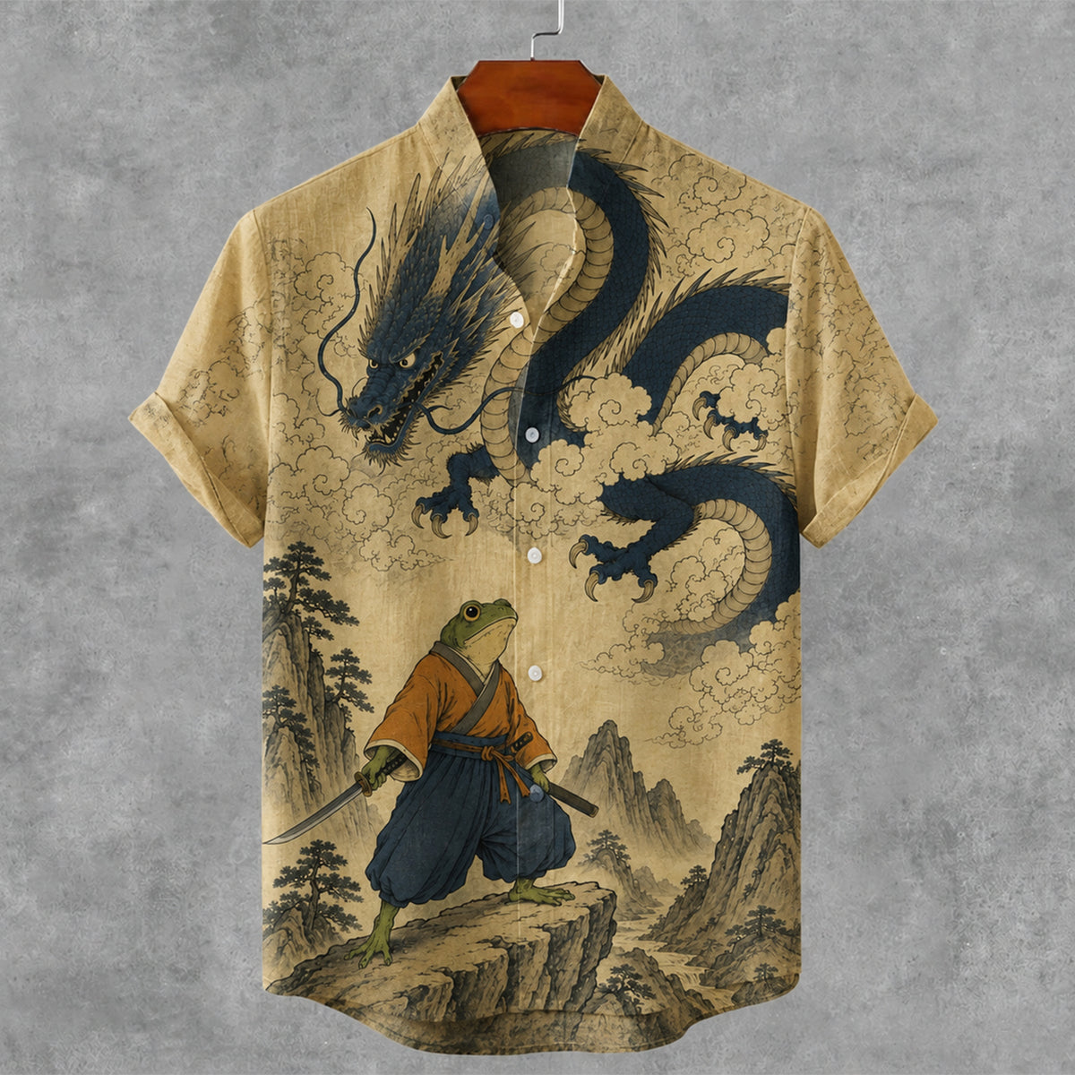 Men's Vintage Japanese Frog And Dragon Art Print Casual Linen Shirt