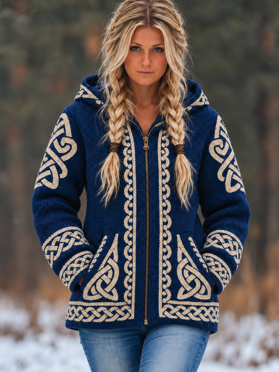Women's Vintage Viking Celtic Knot Pattern Zip-up Hooded Cardigan