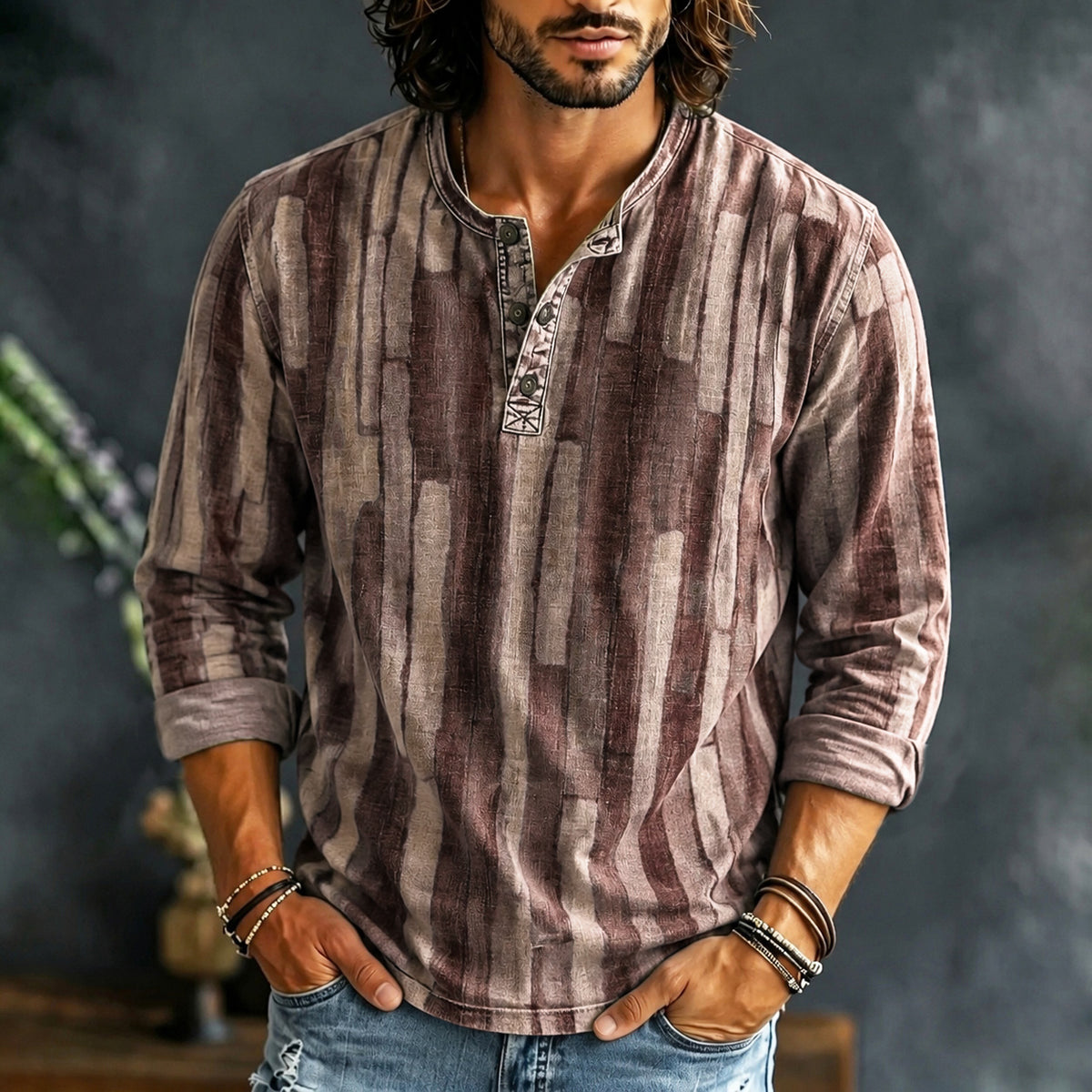 Men's Casual Contrast Geometric Color Block Henley Neck T-shirt