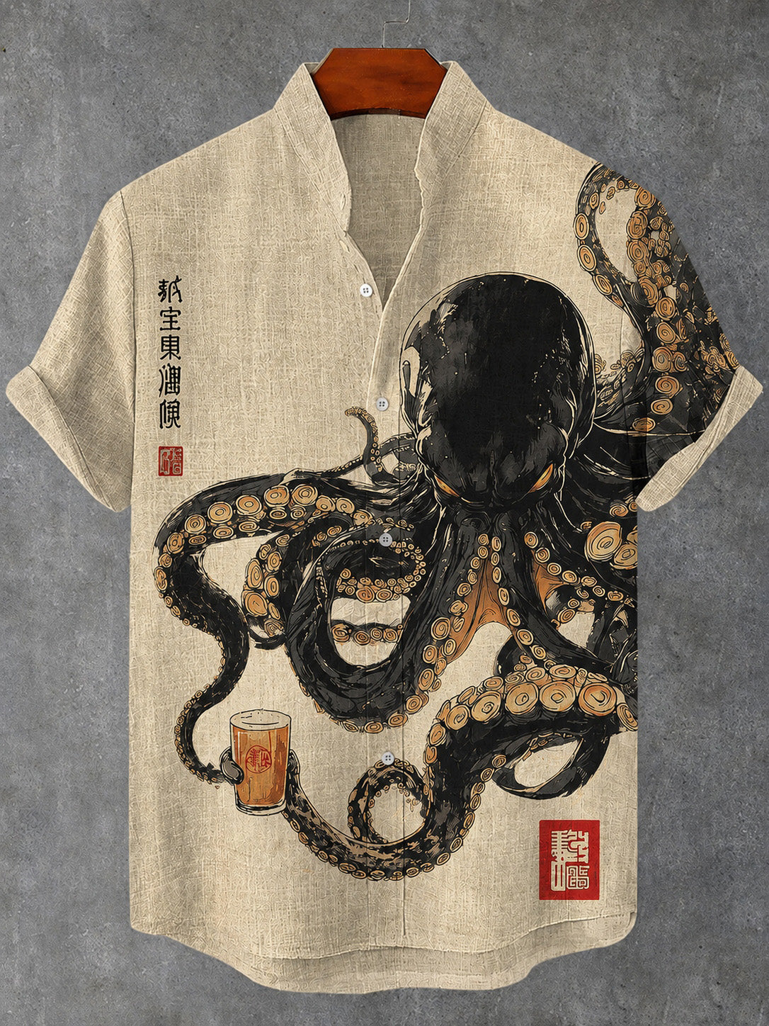 Men's Retro Japanese Octopus Art Print Casual Shirt