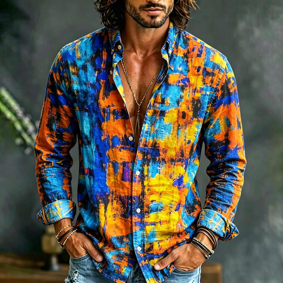 Men's Retro Hippie Color Block Exclusive Linen Long-sleeve Shirt