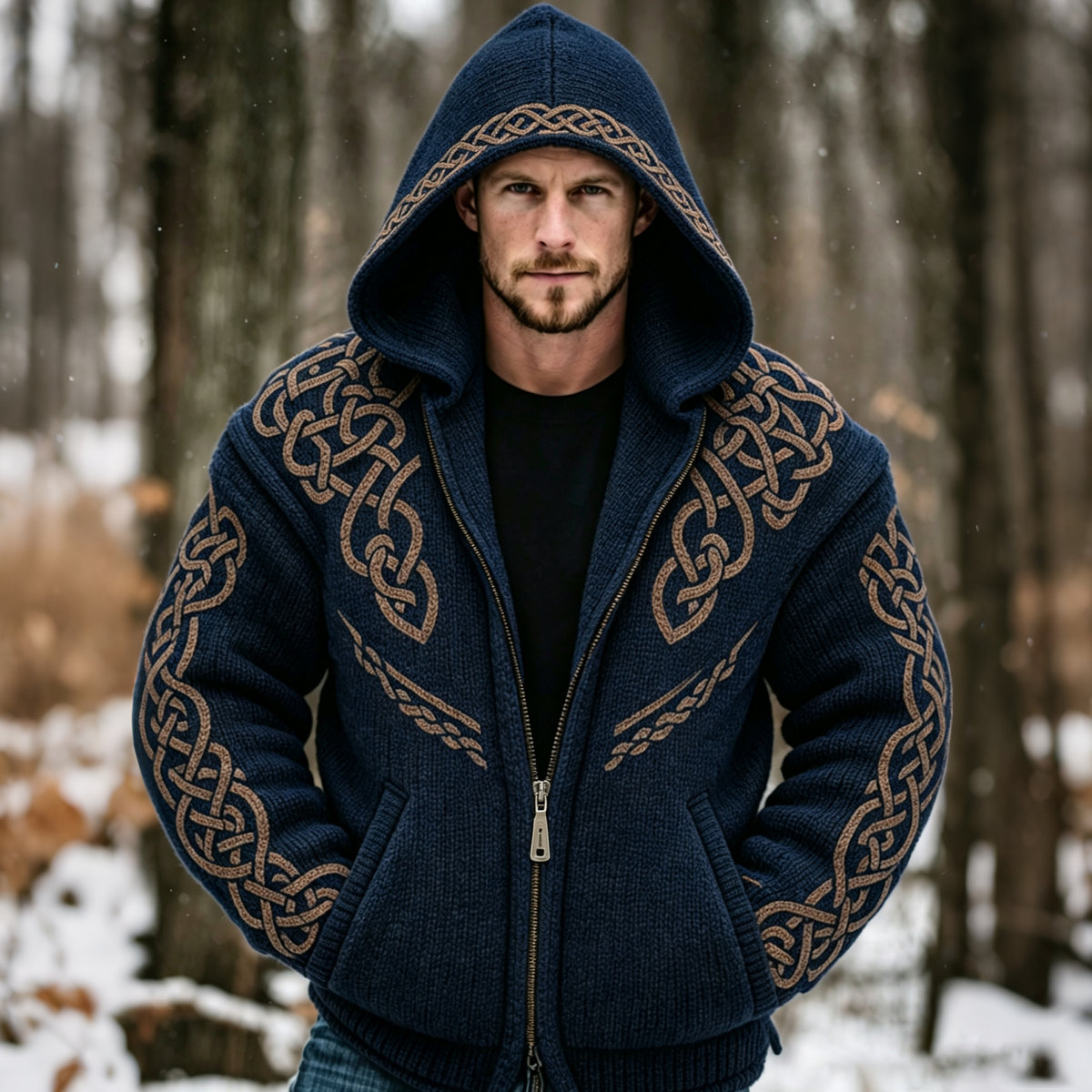 Men's Vintage Viking Celtic Knot Art Warm Knitted Jacquard Zipper Hooded Sweater