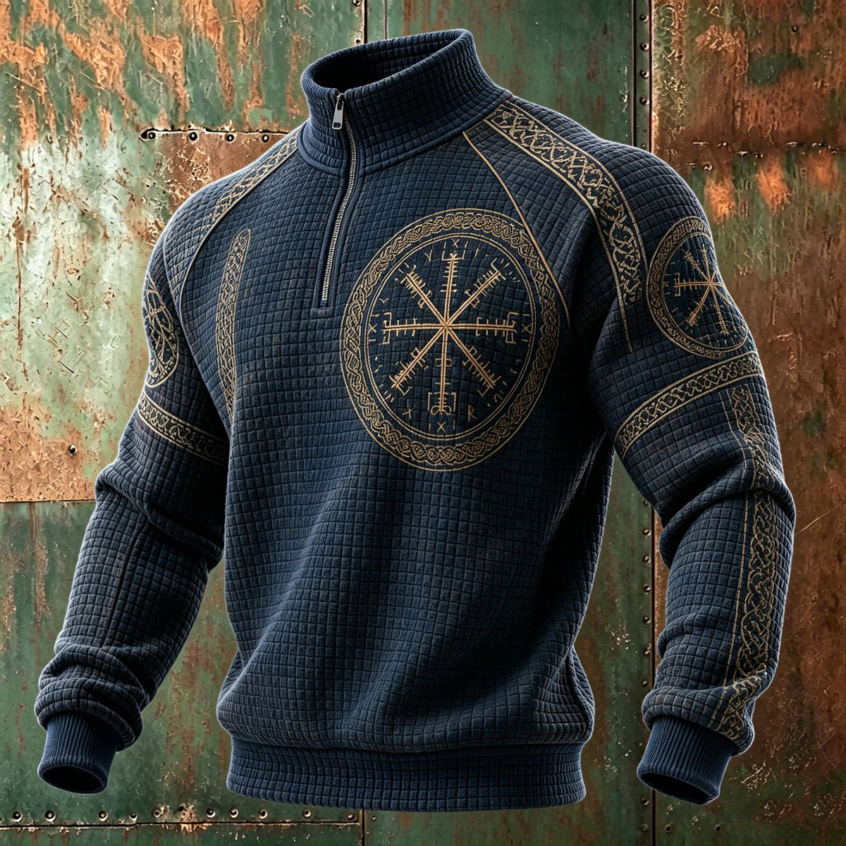 Men's Retro Viking Rune Print Waffle-knit Zip-up Hoodie
