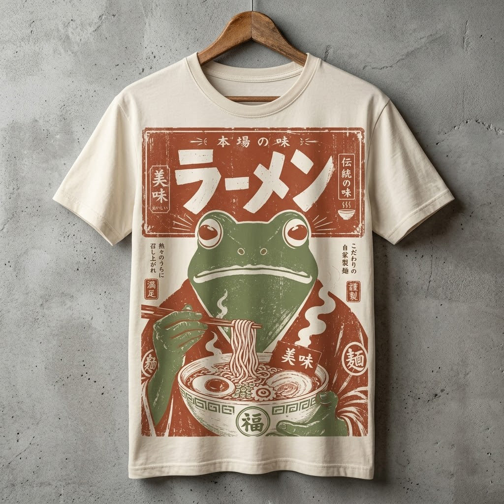 Men's Japanese Frog Eating Ramen Art Print Short Sleeve T-shirt