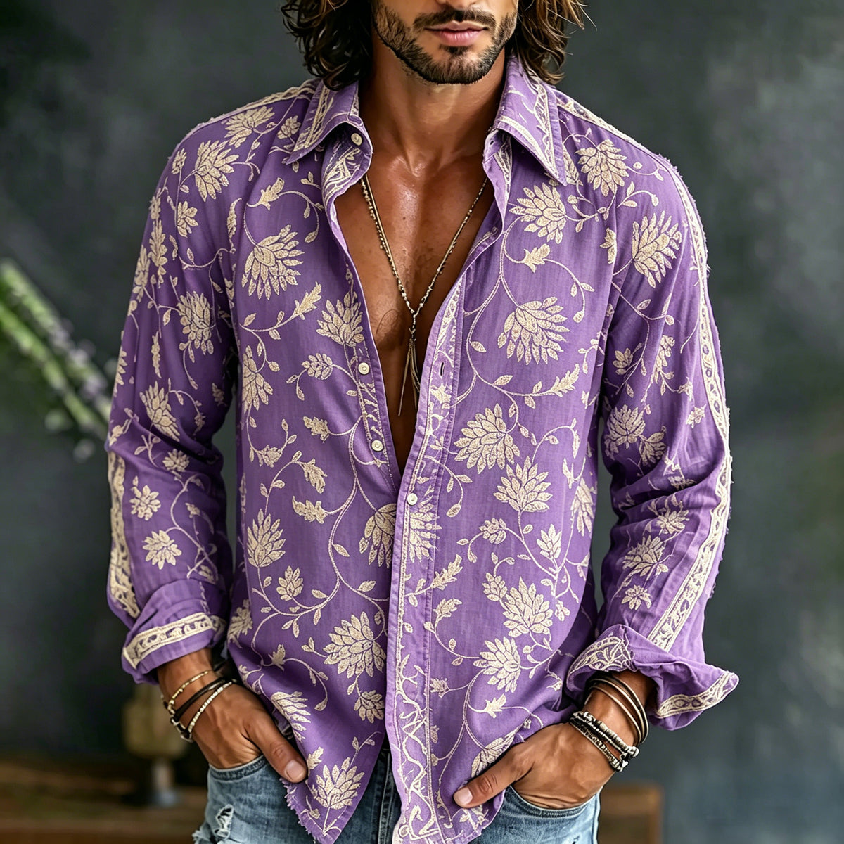 Men's Vintage Floral Printed Art Print Flowy Linen Blend Casual Shirt