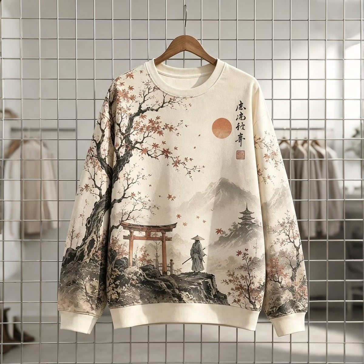 Men's Japanese Ukiyo-e Maple Leaf Samurai Torii Gate Mountain Art Print Casual Sweatshirt