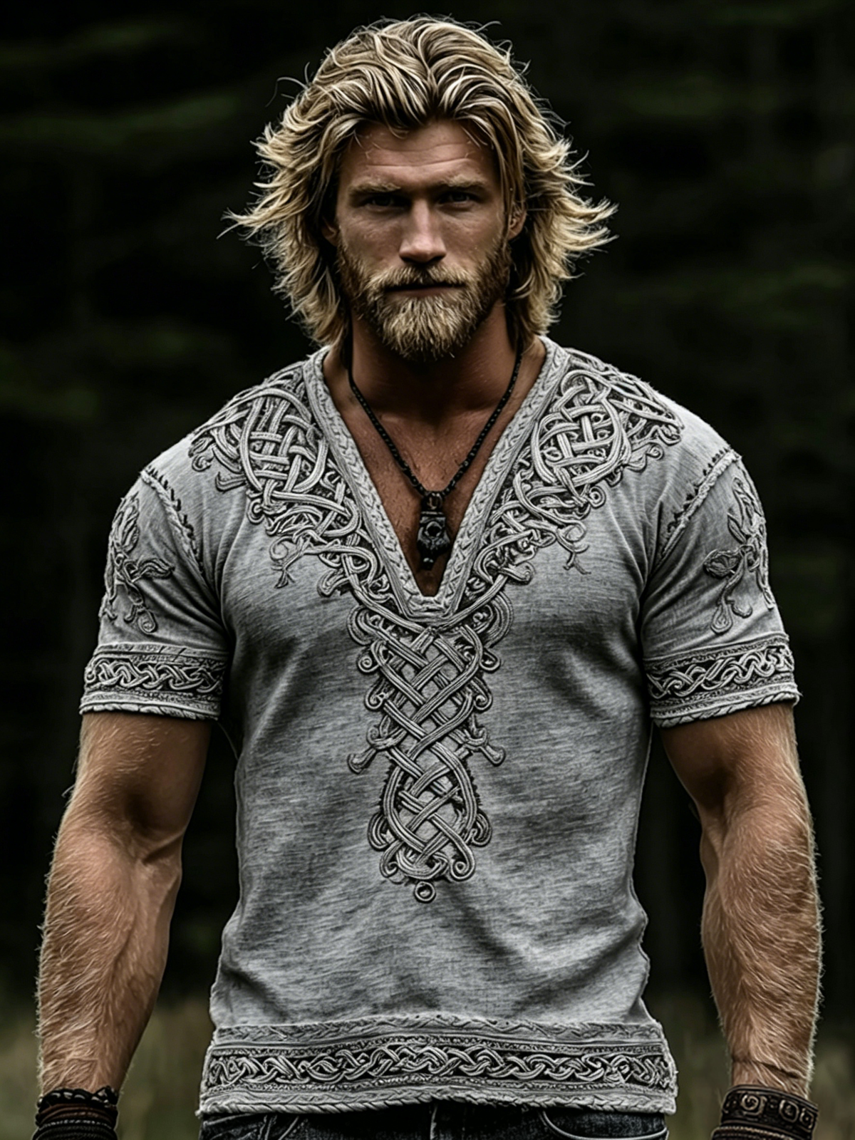 Men's Vintage Viking Celtic Knot Art Linen V-neck T-shirt