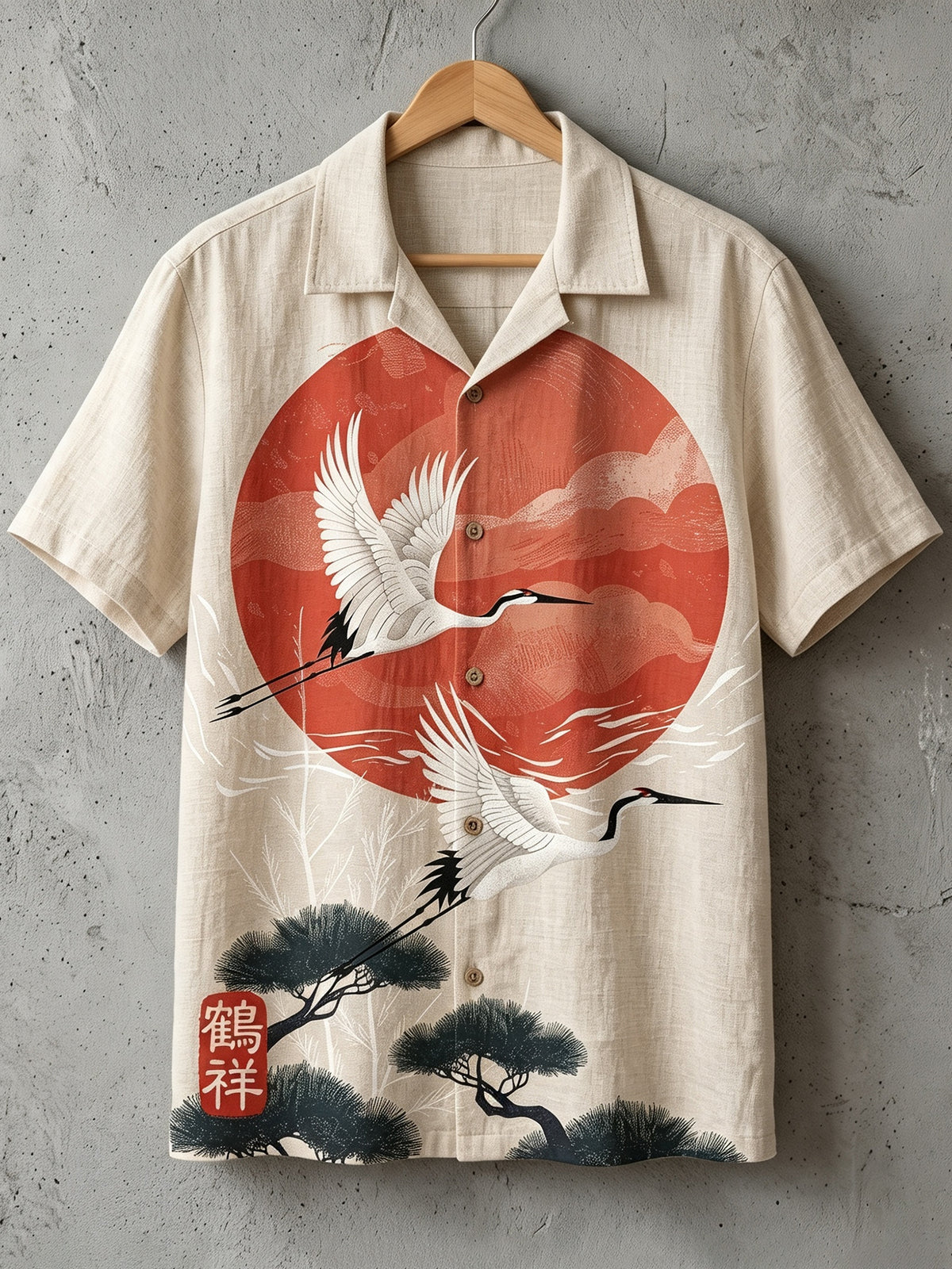 Men's Vintage Japanese Crane Art Print Short Sleeve Shirt
