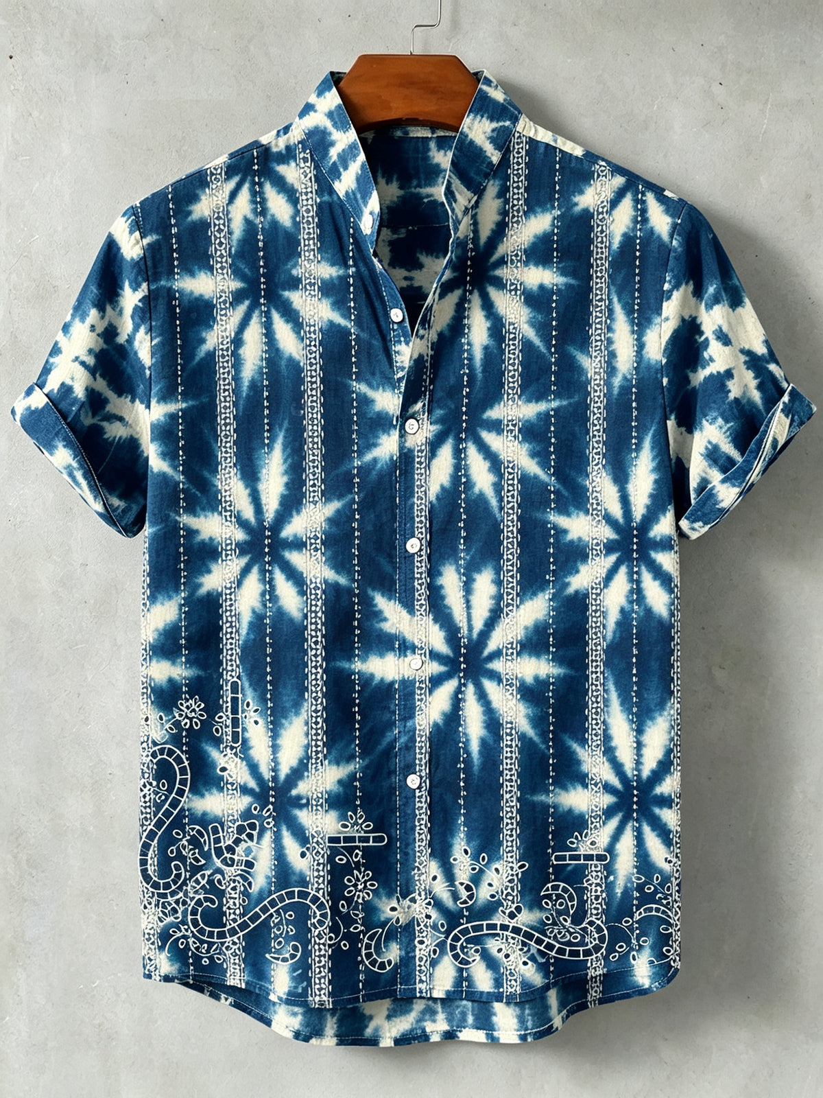 Men's Tie-dye Floral Print Short-sleeved Linen Shirt