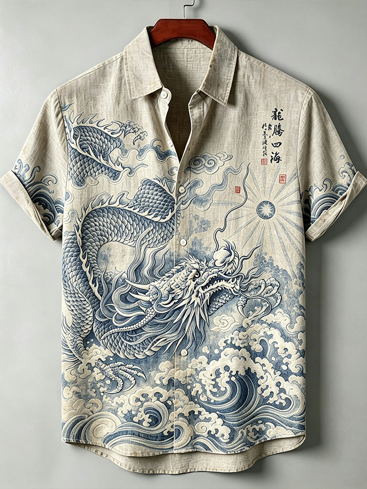 Men's Vintage Blue White Wave Print Japanese Ukiyo-e Dragon Shirt