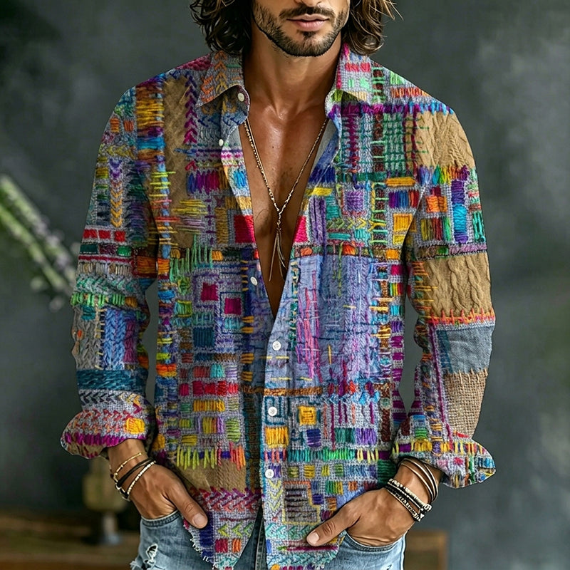 Vintage Colorful Geometric Patterns Casual Linen Shirt