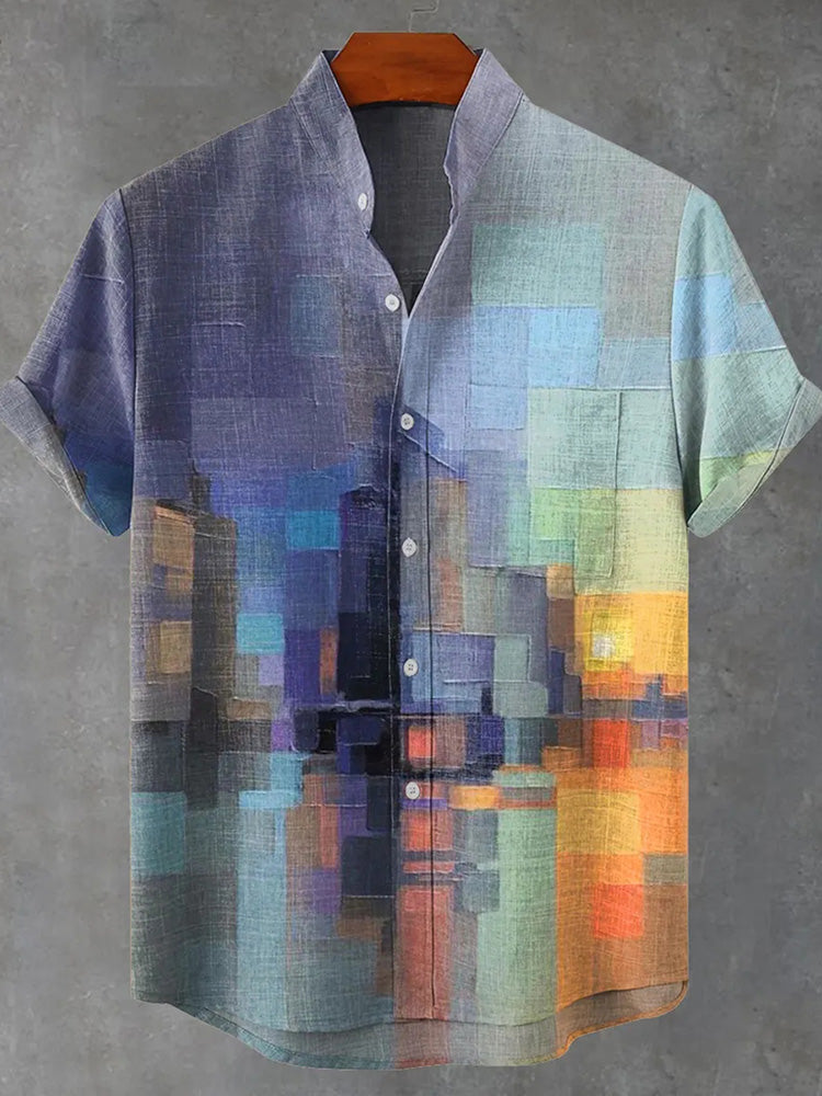 Men's Retro Oil Painting Art Print Casual Linen Blend Short-sleeve Shirt