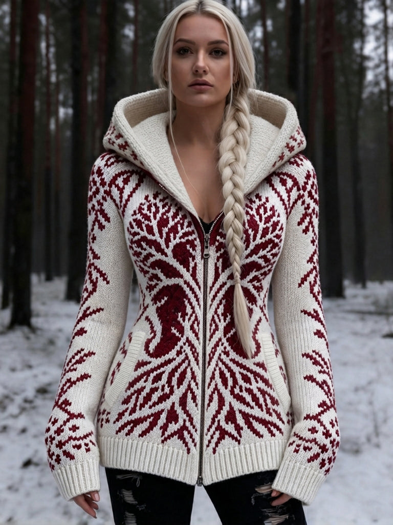 Women's Vintage Viking Celtic Knot & Tree Of Life Pattern Zip-up Cardigan