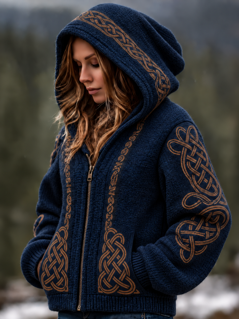 Women's Vintage Viking Celtic Knot Cozy Warm Knitted Jacquard Hooded Sweater