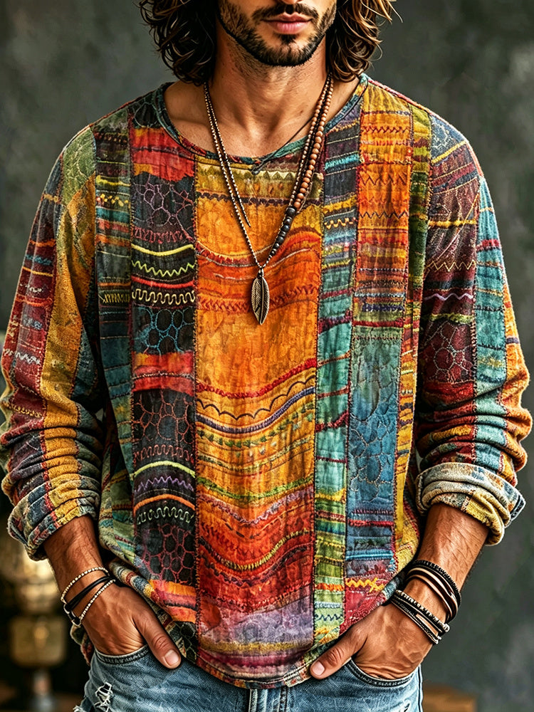 Men's Hippie Retro Distressed Rainbow Print Linen Long-sleeve T-shirt