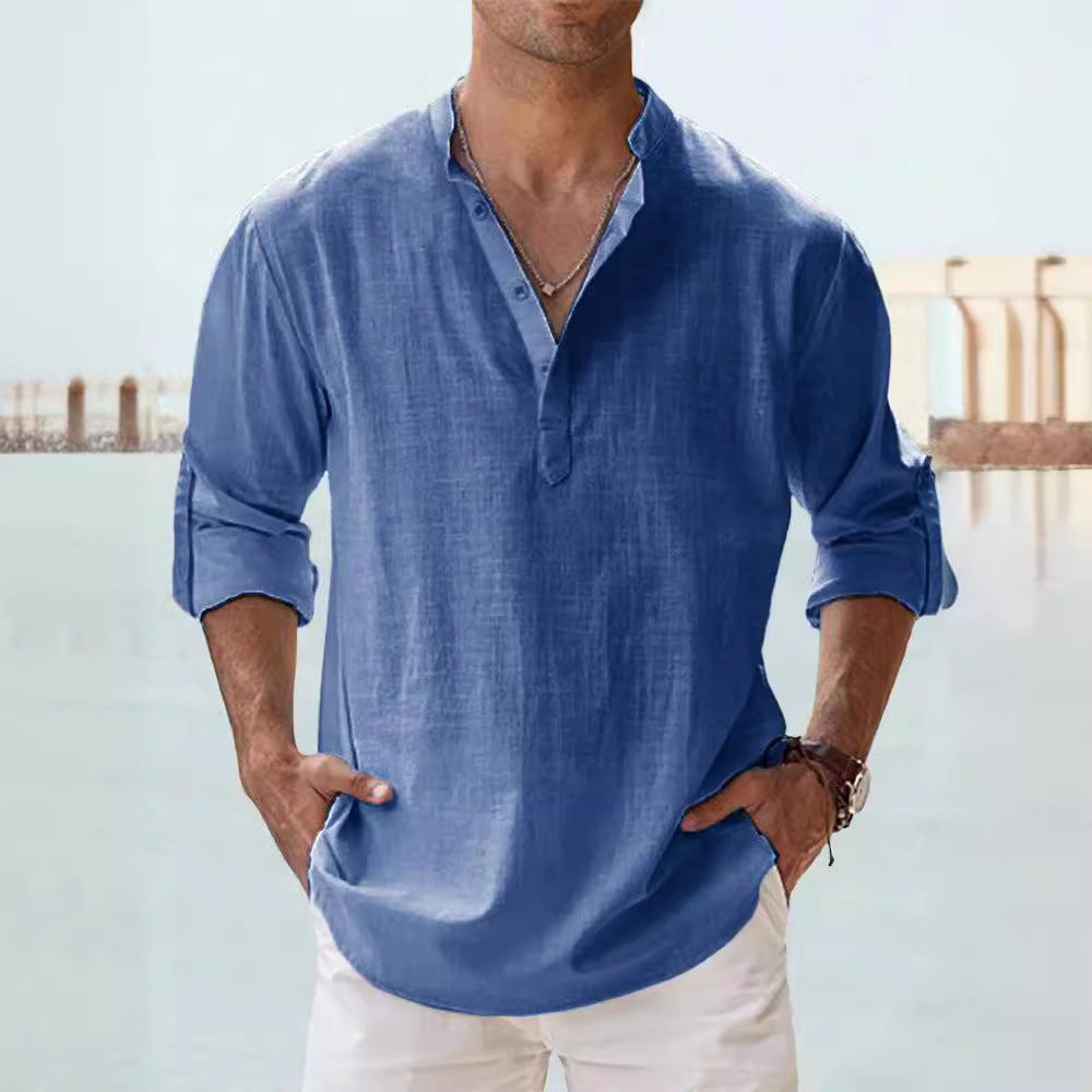 Casual And Linen Solid Color Long Sleeved Shirt