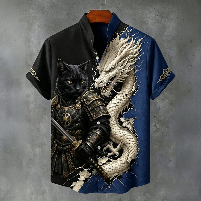 Men's Vintage Black Cat Warrior And White Dragon Japanese Art Printing Flowy Linen Blend Casual Shirt