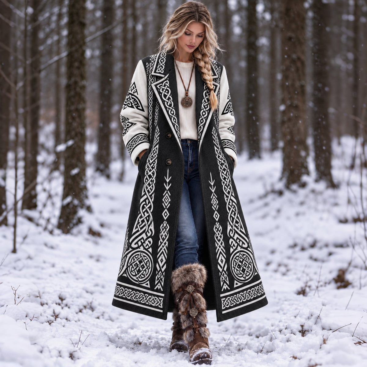Women's  Vintage Celtic Knot Art Print Warm Wool-blend Coat
