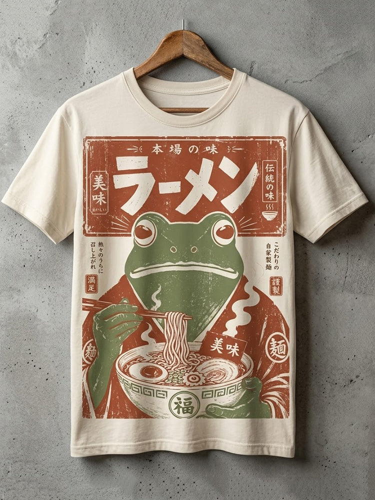Men's Japanese Frog Eating Ramen Art Print Short Sleeve T-shirt