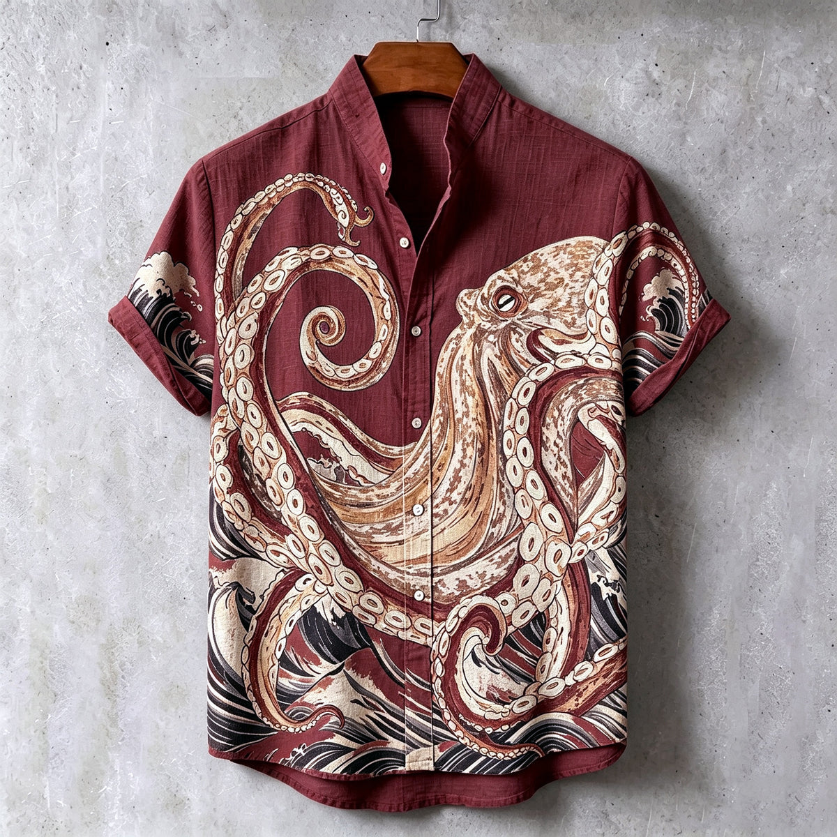 Men's Retro Japanese Art Octopus Print Linen Short-sleeve Shirt