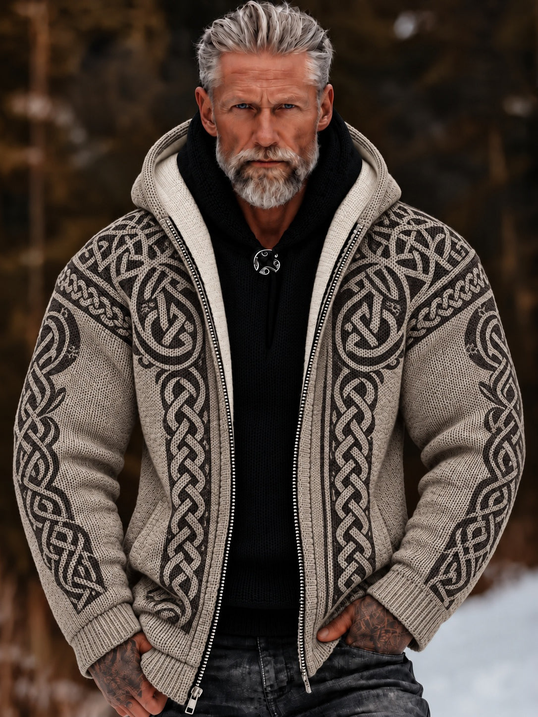 Men's Vintage Viking Celtic Knot Cozy Warm Knitted Jacquard Zipper Hooded Sweater