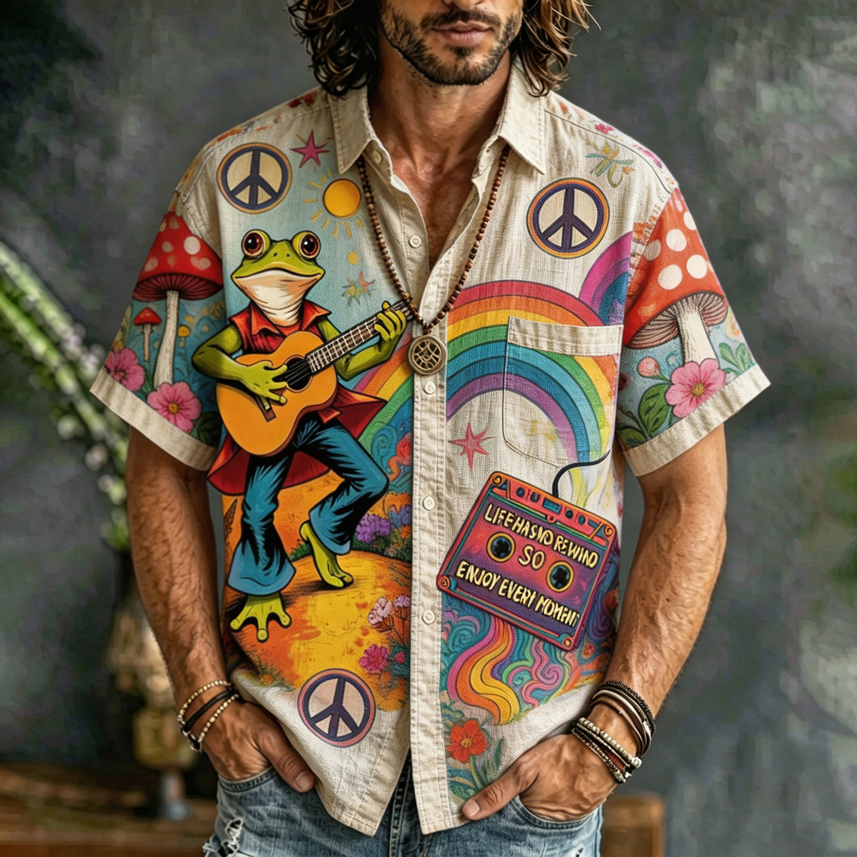 Men's Retro Hippie Style Psychedelic Frog Playing Guitar Mushroom Tape Rainbow Peace Symbol Print Casual Shirt