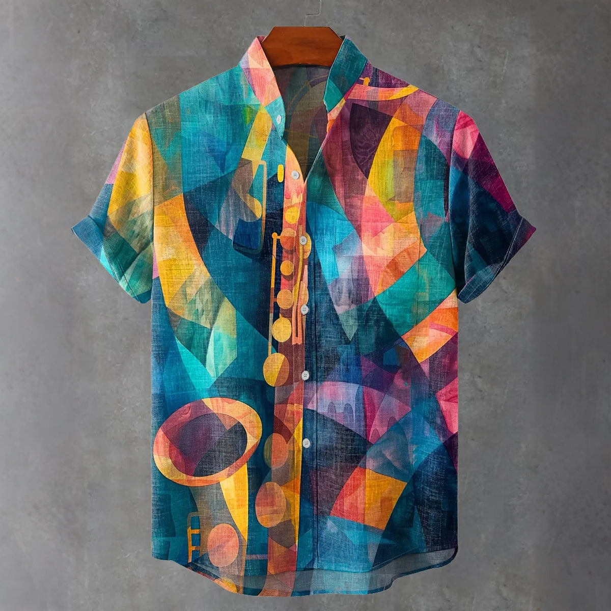 Men's Musical Instrument Pattern Abstract Geometric Color Block Print Linen Blend Short-sleeve Shirt