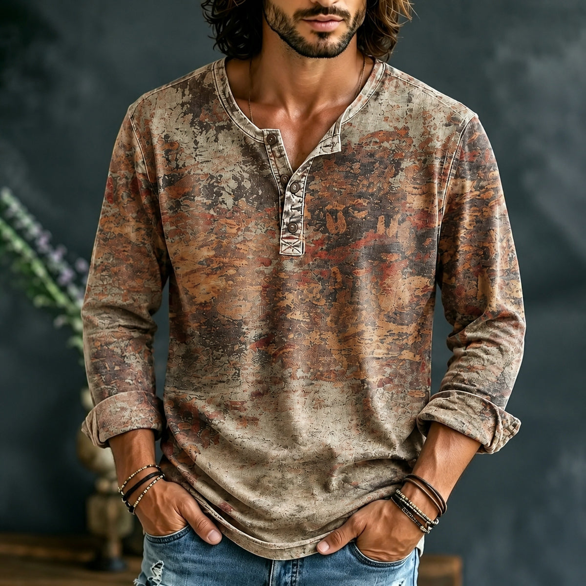 Men's Retro Ethnic Color Block Henley Neck T-shirt