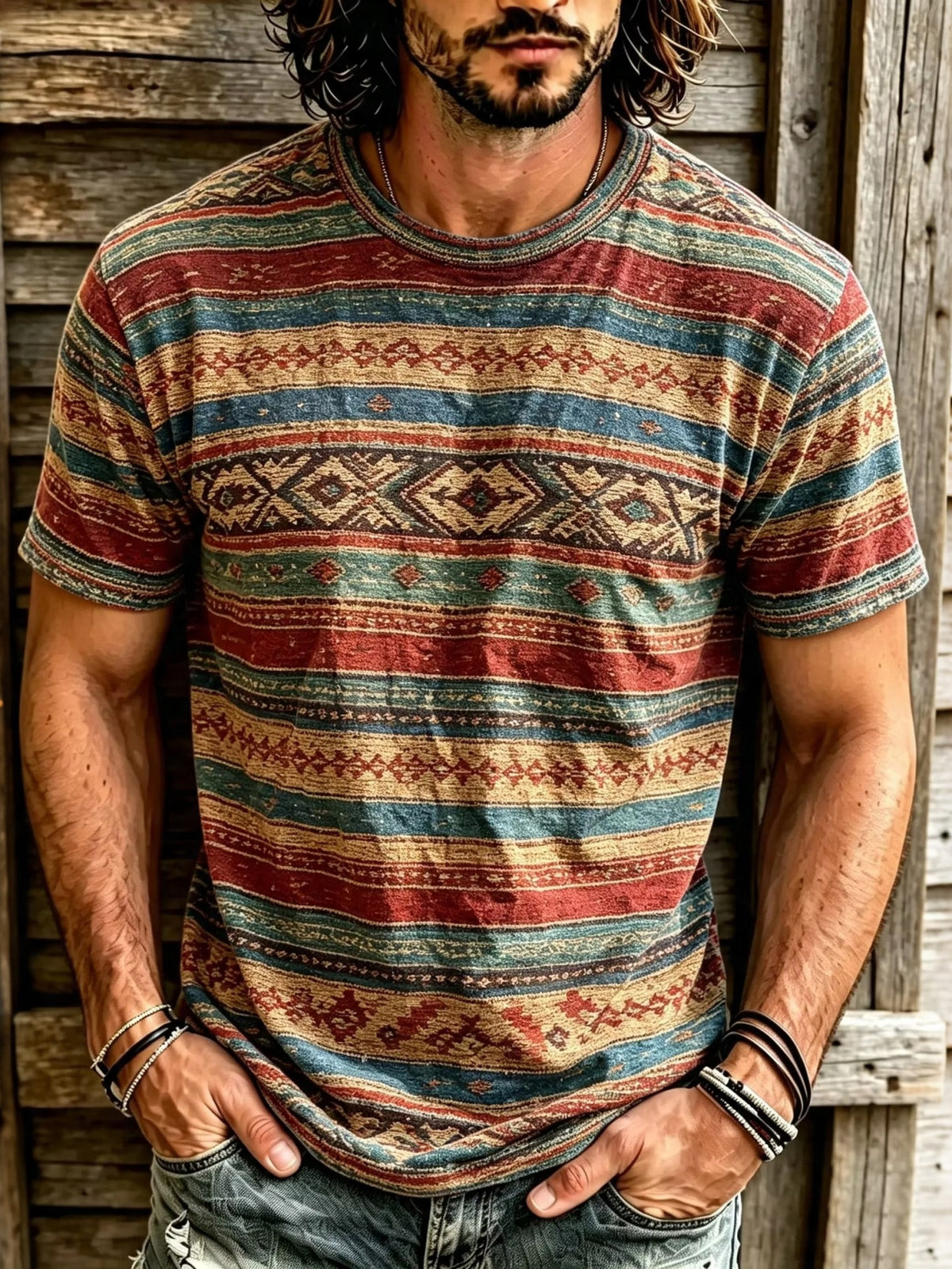 Men's Retro Ethnic Geometric Rainbow Stripes Print Crew Neck T-shirt