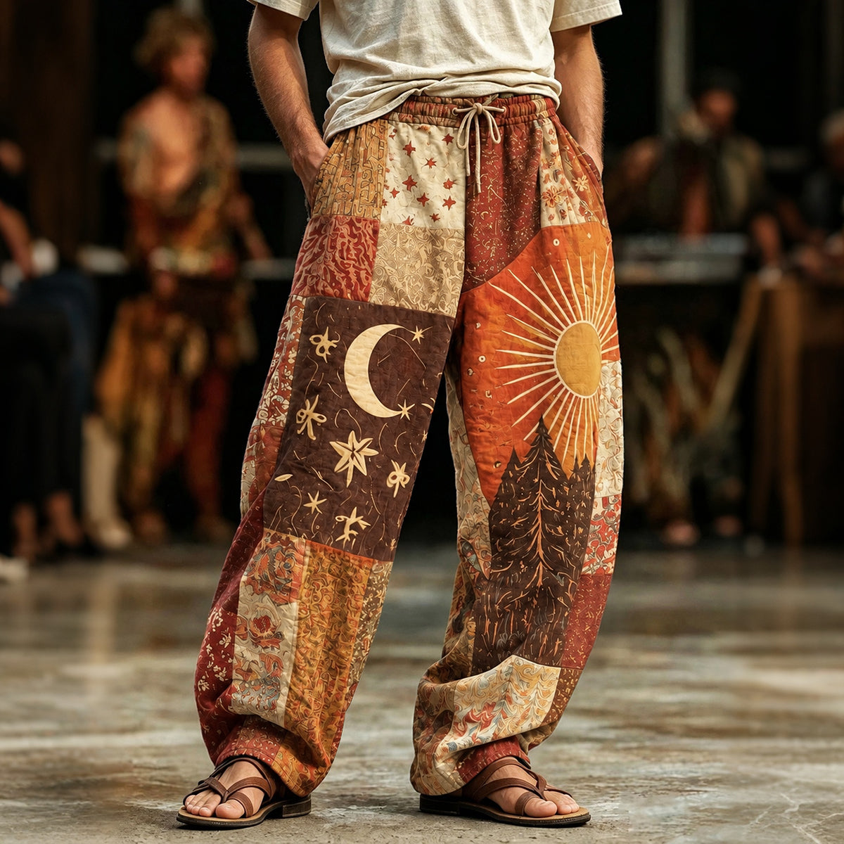 Men's Boho Sun And Moon Hippie Patchwork Art Print Loose Drawstring Waist Pants
