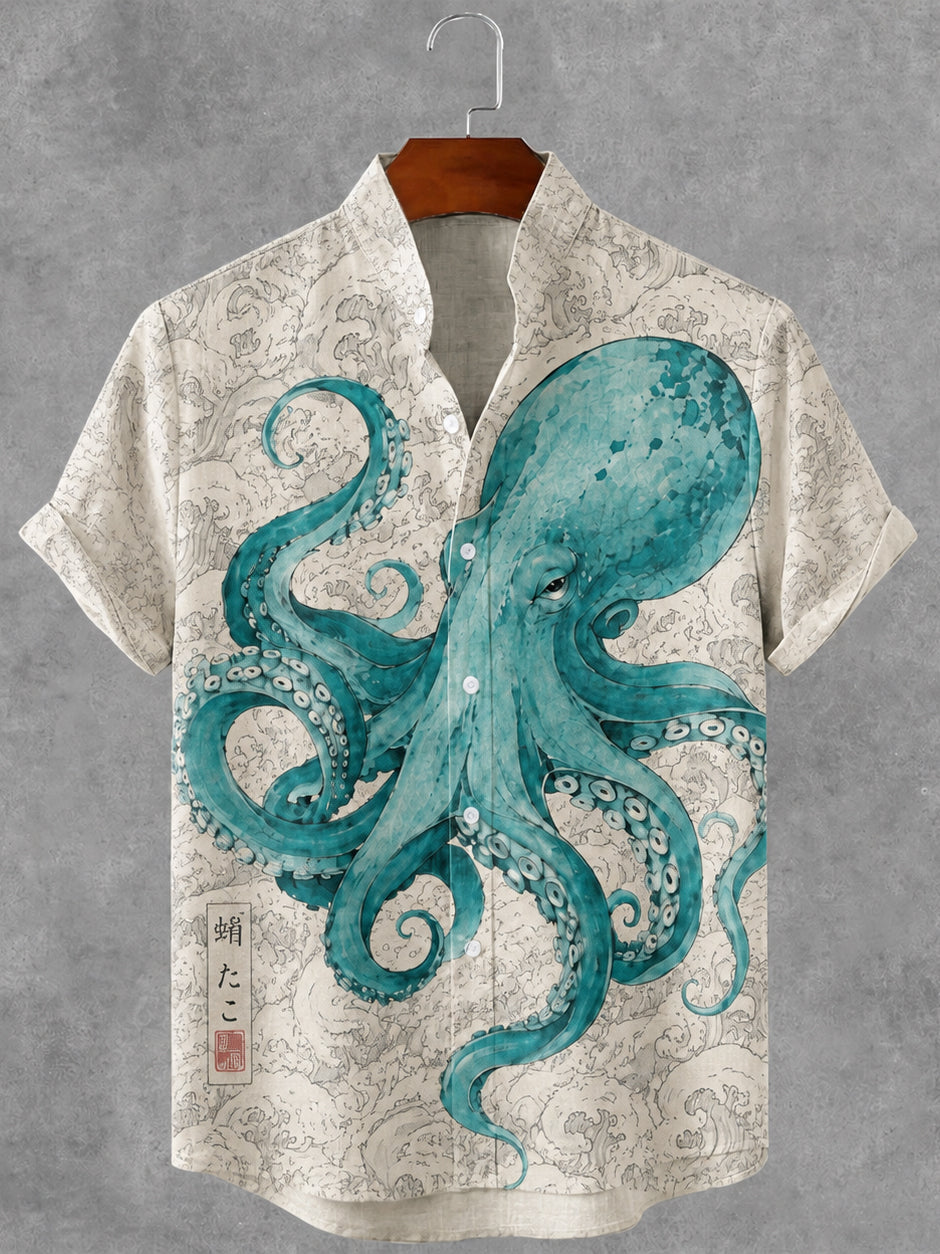 Men's Vintage Japanese Octopus Art Print Button Casual Linen Shirt