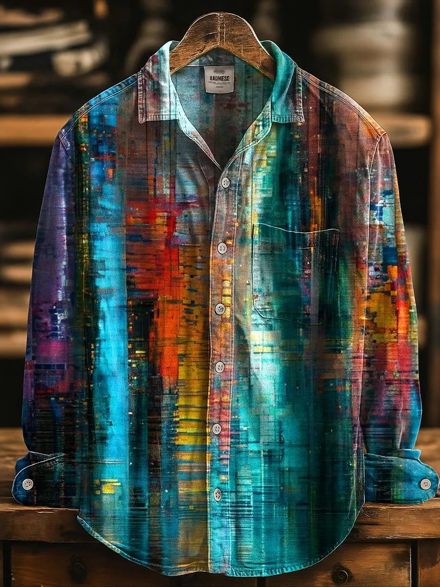 Men's Retro Vacation Color Block Lapel Long-sleeve Linen Shirt