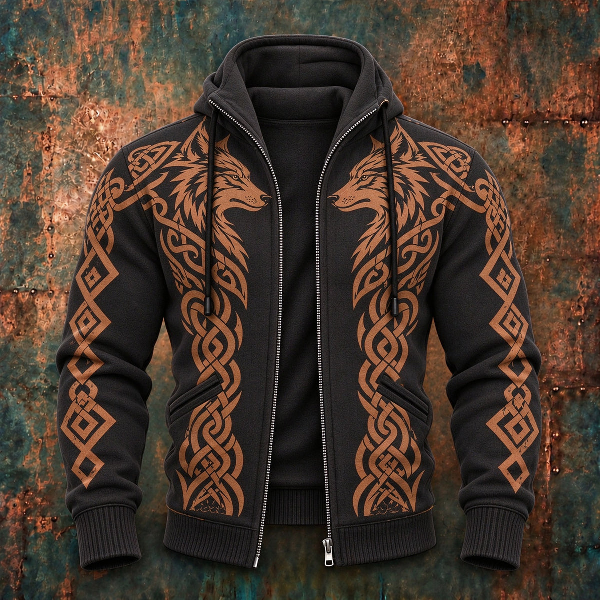 Men's Vintage Viking Wolf And Celtic Knot Print Zip-up Hoodie