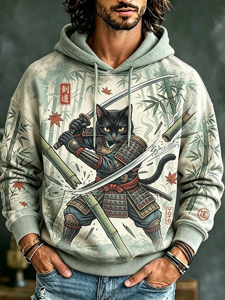 Men's Black Cat Samurai In Bamboo Forest Print Casual Hoodie