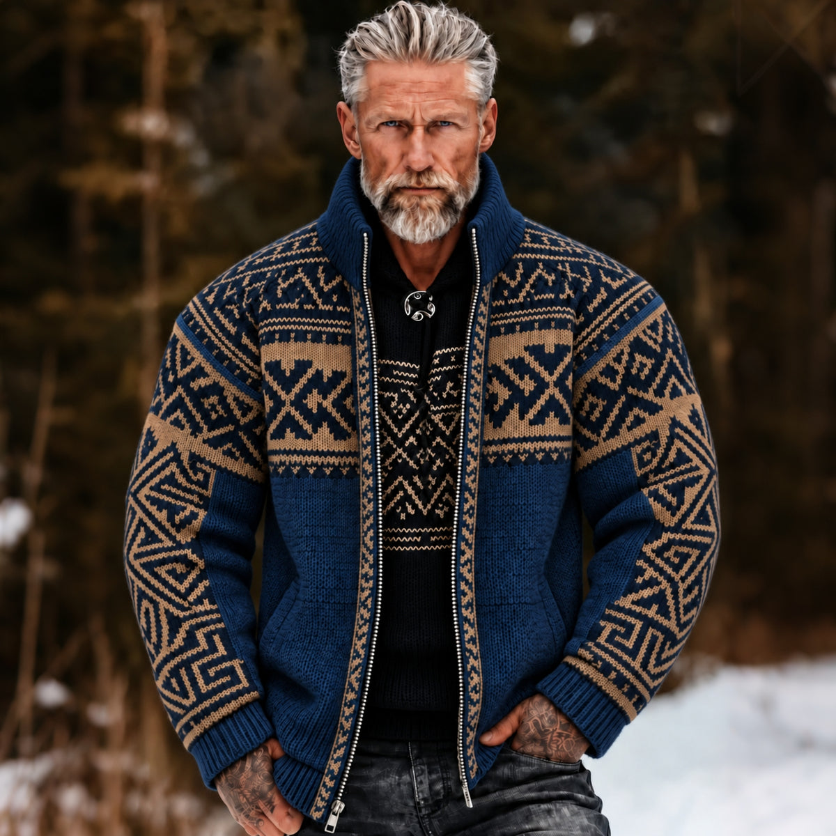Men's Vintage Geometry Art Collar Zip-up Jacket