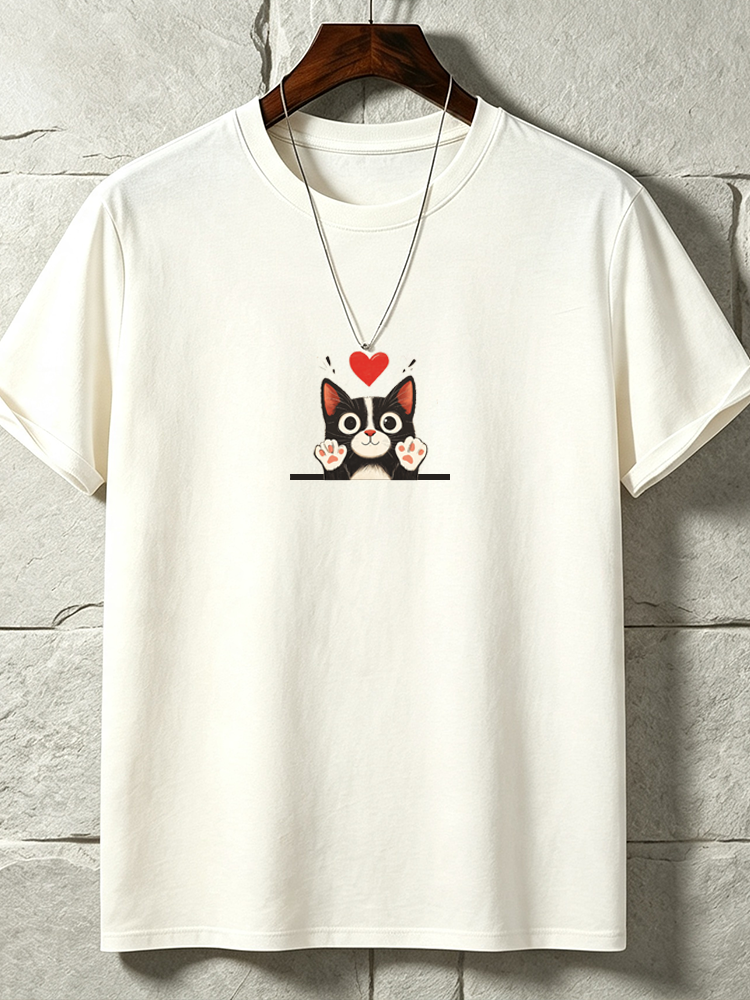 Men's  Black Cat Heart T-shirt - Simple Graphic Short Sleeve Crewneck Tee