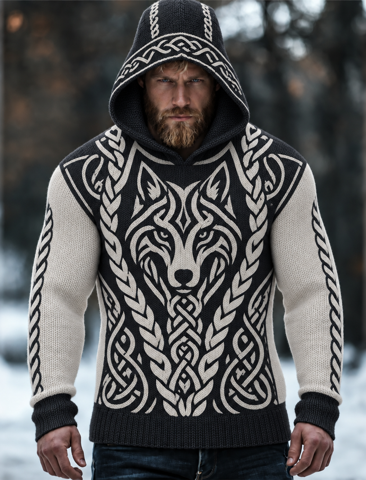 Men's Viking Tribal Wolf Celtic Inspired Printed Chunky Knit Hooded Sweater