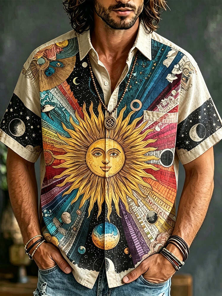 Retro Distressed Hippie Style Celestial Sun God Patchwork Linen Casual Shirt