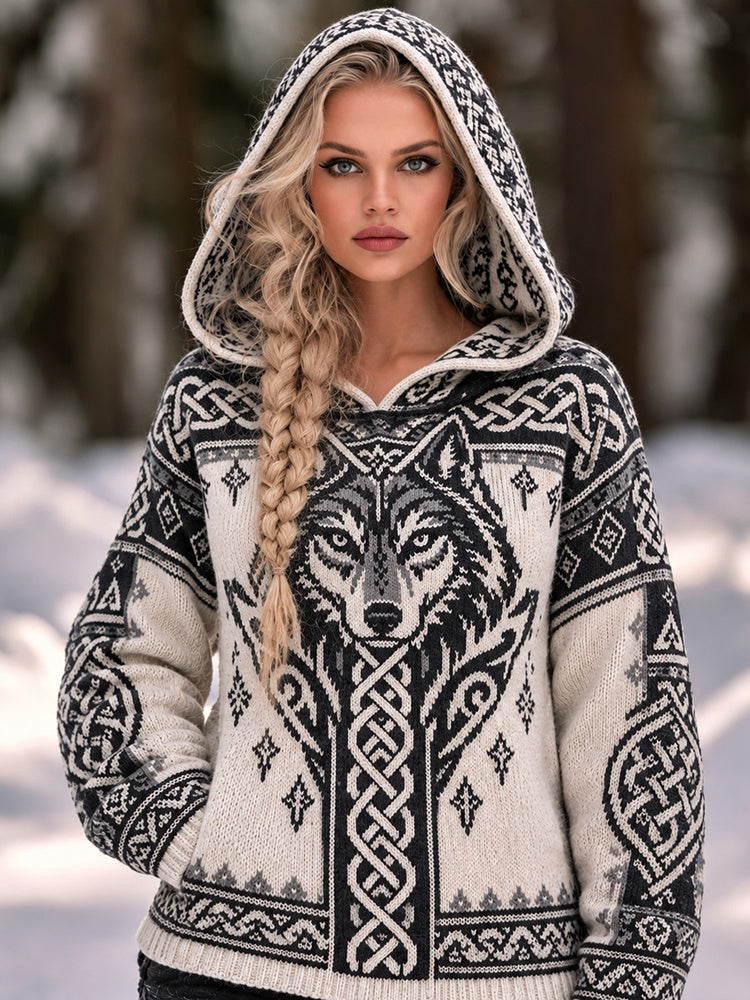 Women's Viking Wolf Art Knit Cozy Knit Hooded