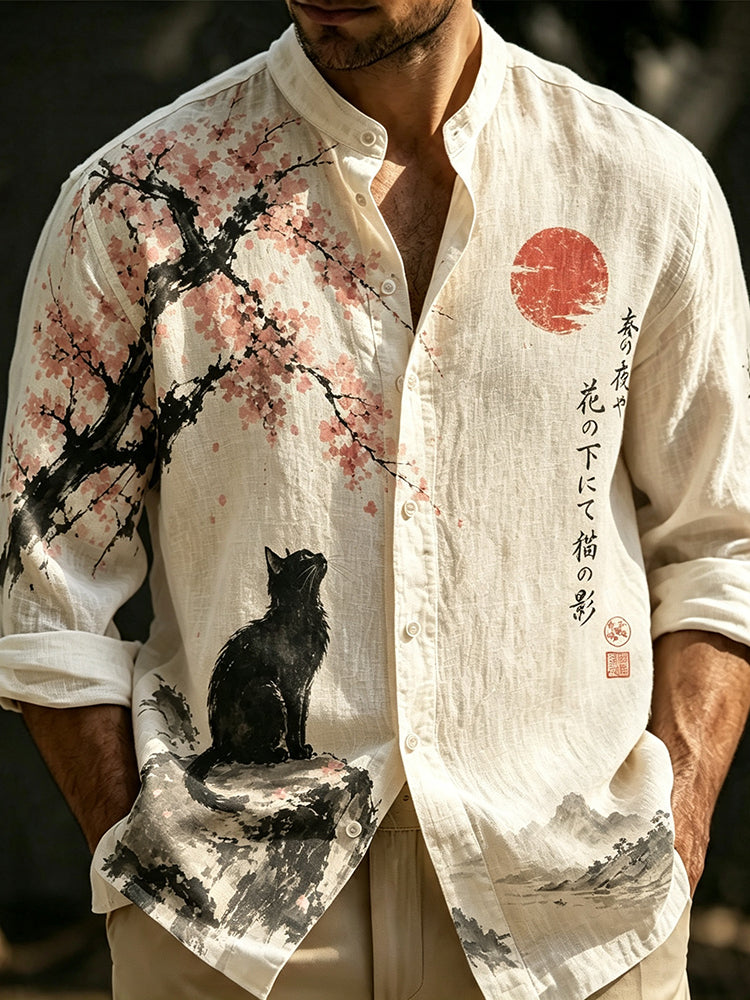 Men's Vintage Japanese Cat Under The Cherry Blossom Tree Art Print Long Sleeve Shirt