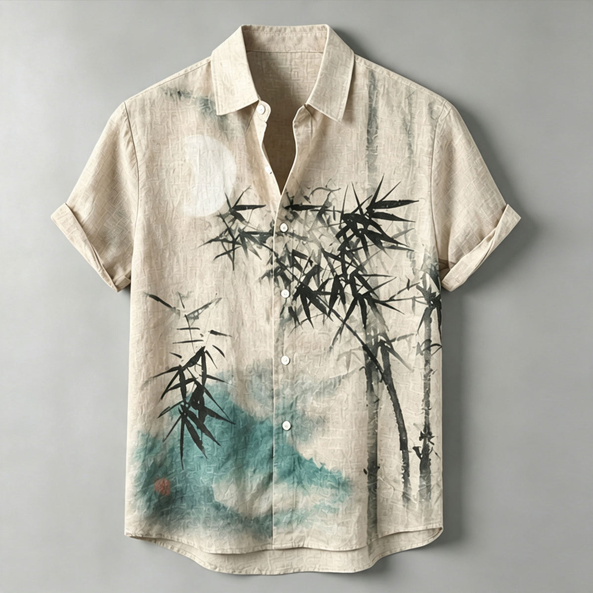 Men's Vintage Oriental Art  Ink Bamboo Moon Landscape Print Linen Short Sleeve Button Down Shirt