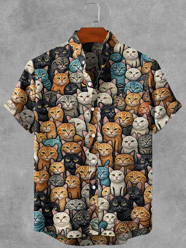 Vintage Cute Cats Art Print Casual Linen Shirt