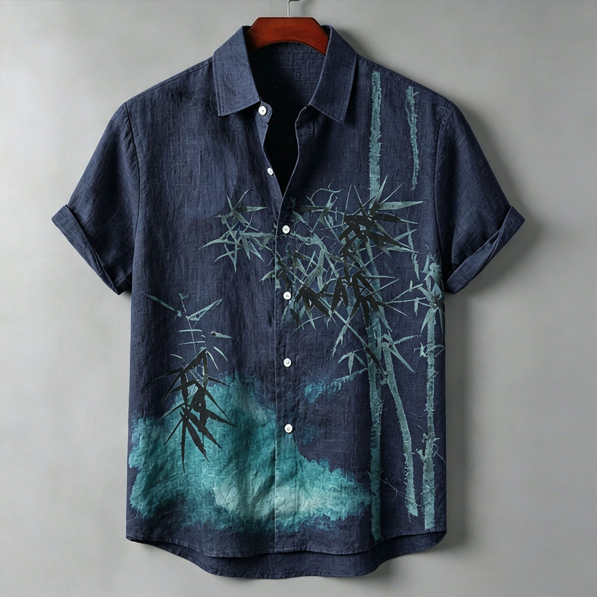 Men's Vintage Oriental Art  Ink Bamboo Moon Landscape Print Linen Short Sleeve Button Down Shirt