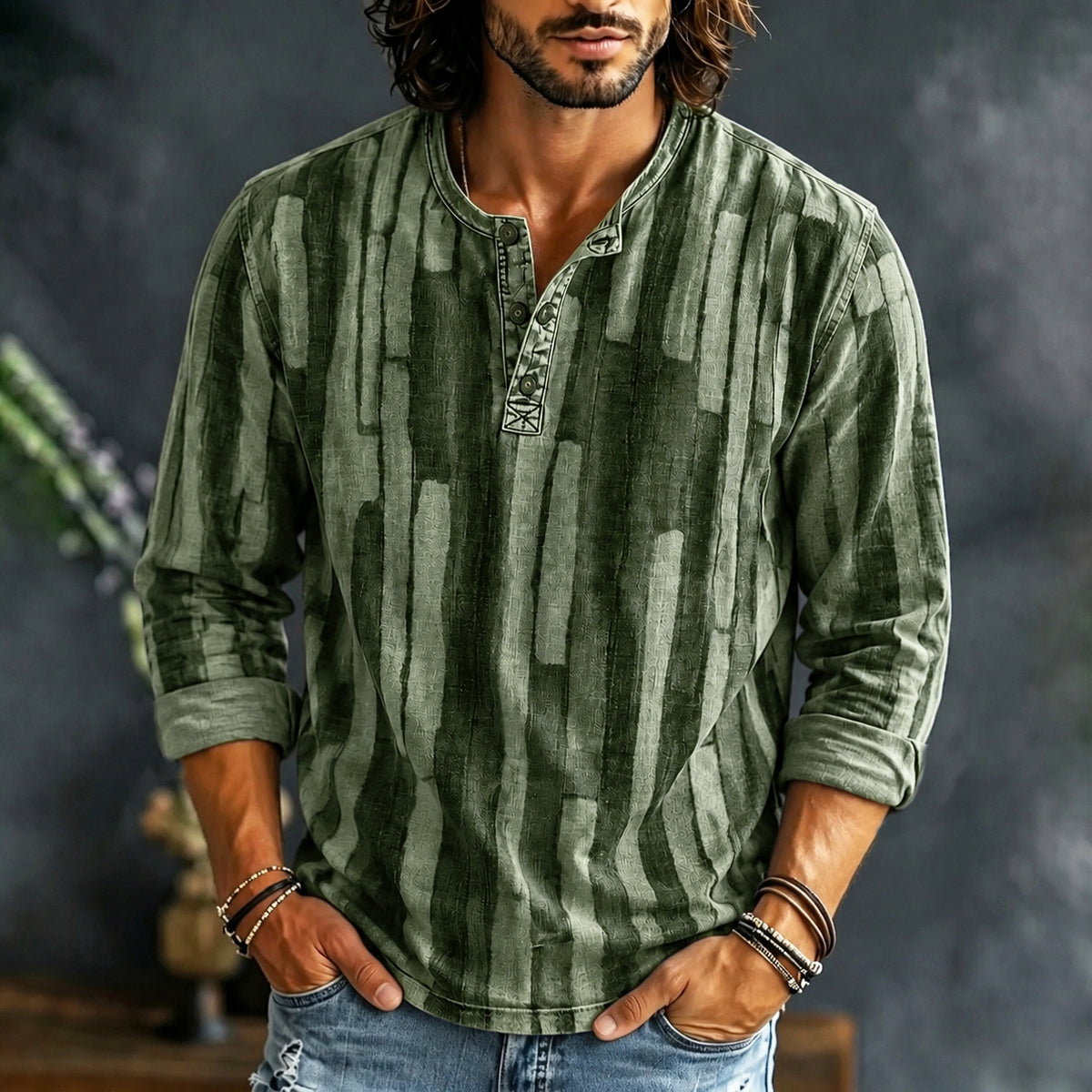 Men's Casual Contrast Geometric Color Block Henley Neck T-shirt