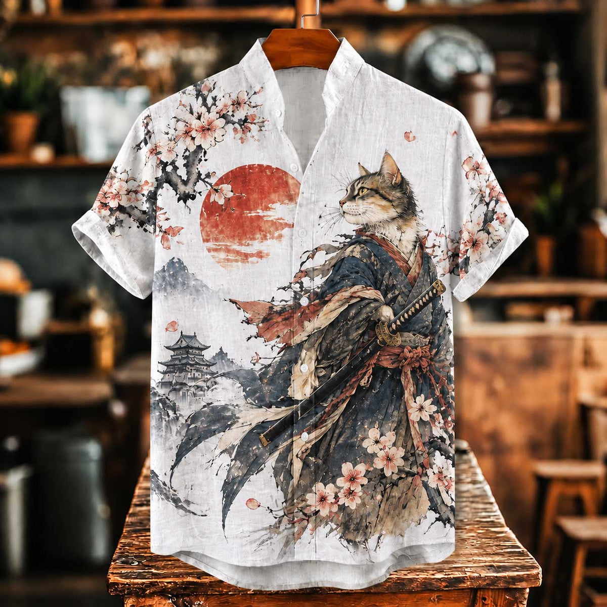 Men's Vintage Japanese Samurai Cat With Sword Art Print Short Sleeve Linen Shirt