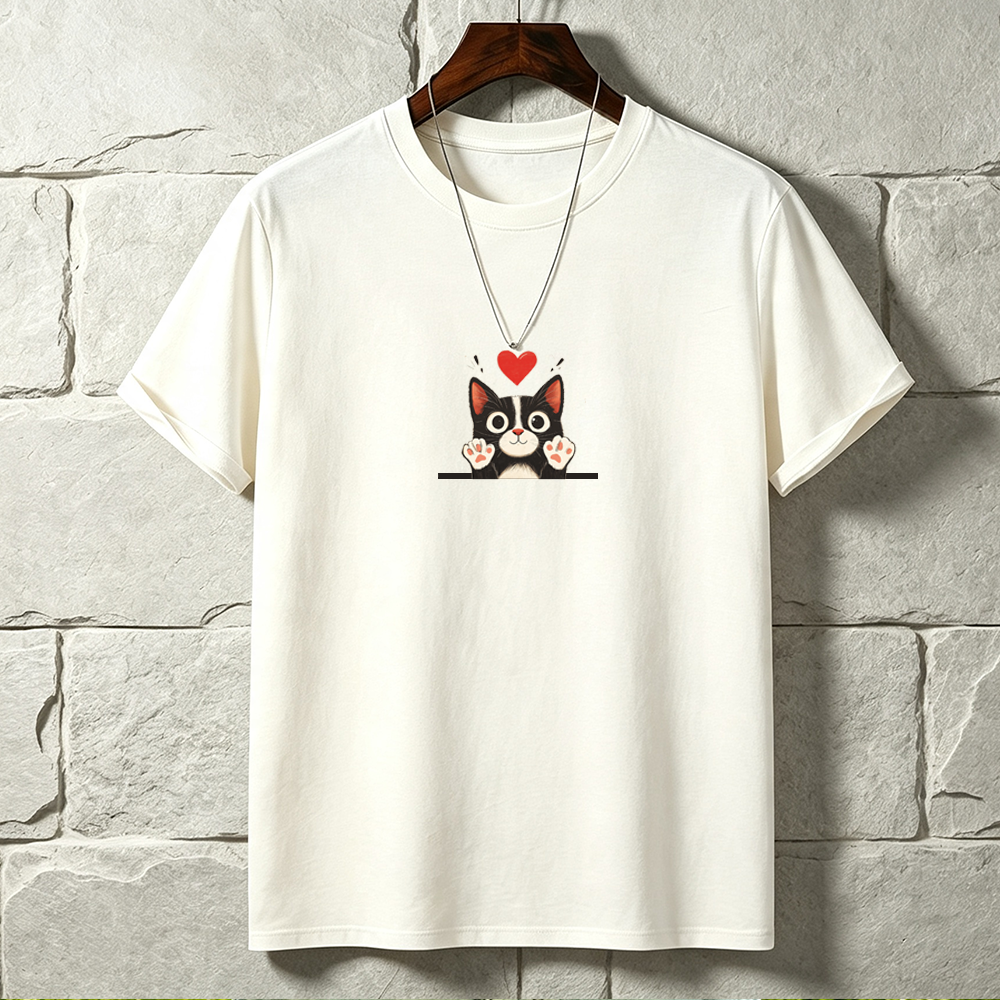 Men's  Black Cat Heart T-shirt - Simple Graphic Short Sleeve Crewneck Tee