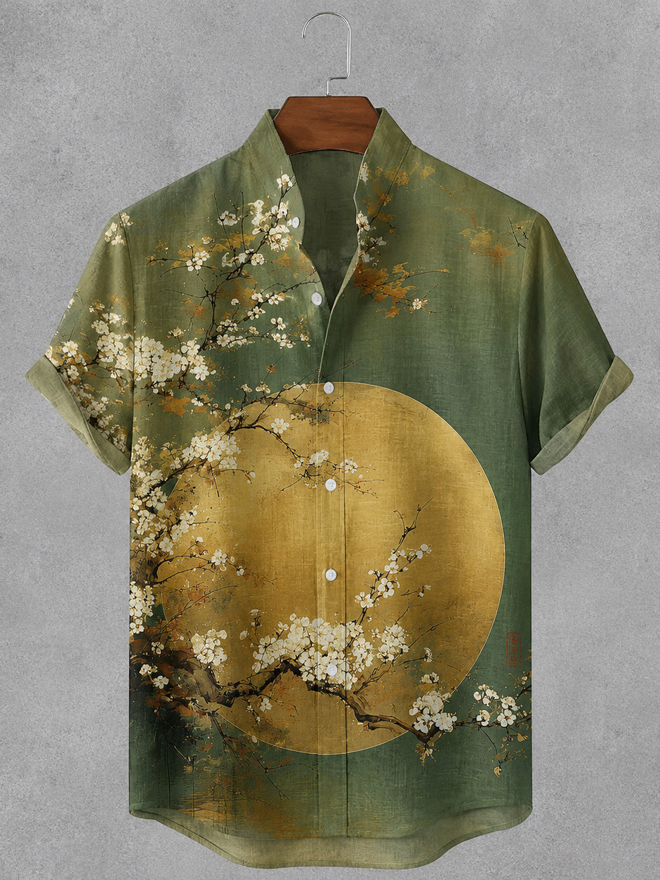 Men's Retro Japanese Floral And Moon Art Print Short Sleeve Shirt
